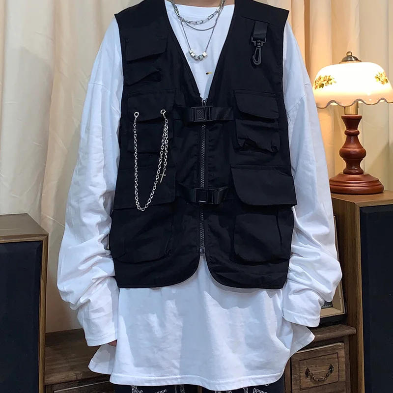 

Aolamegs Vest Cargo Men's Jacket Multi-Pocket Functional Sleeveless Black Tank Tops Men Chain Coat Couple High Street Streetwear