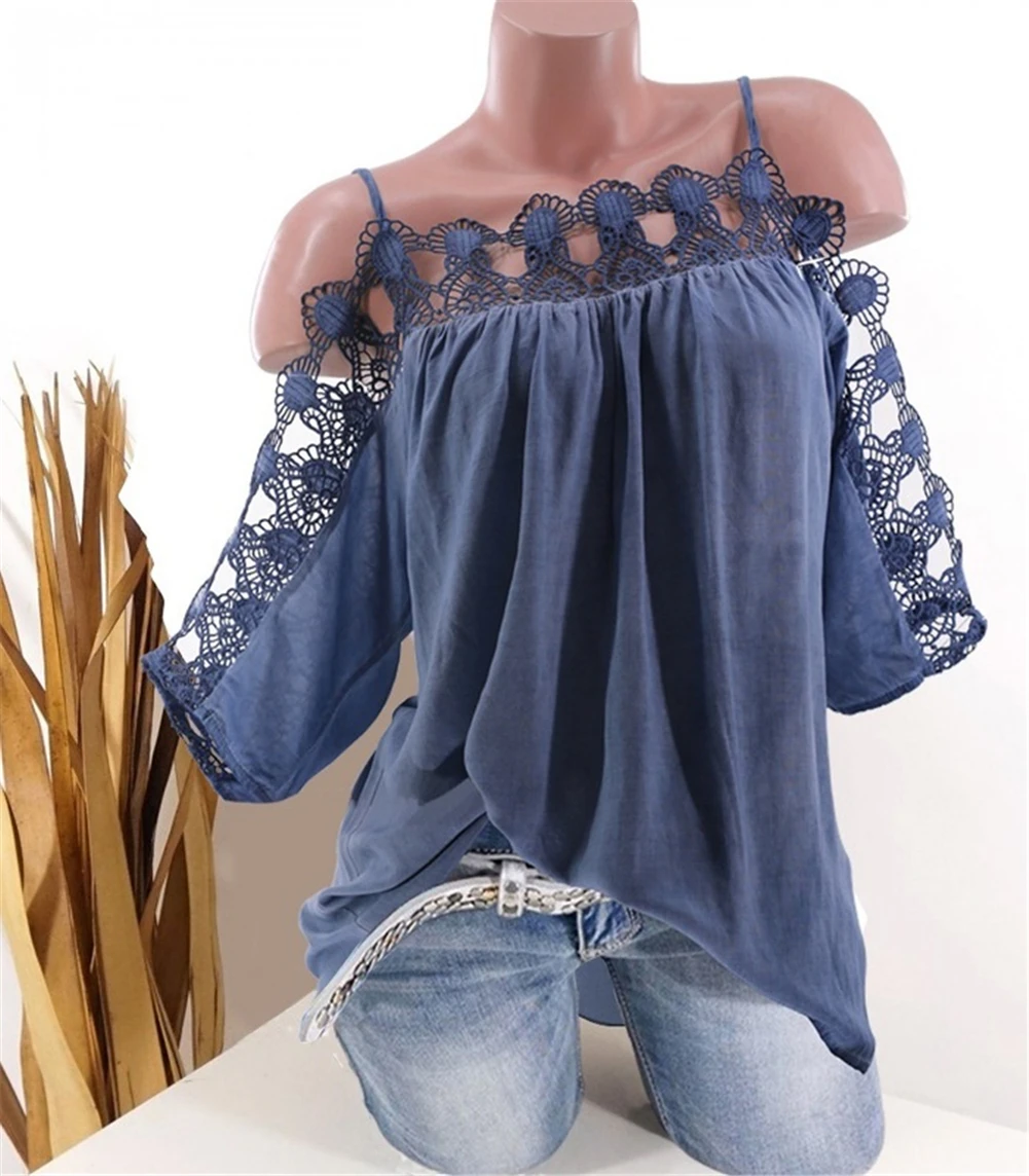 

Fashion Women short Sleeve Baggy Shirt Lace Tops Ladies Off Shoulder Blouse Plus Size XL-5XL