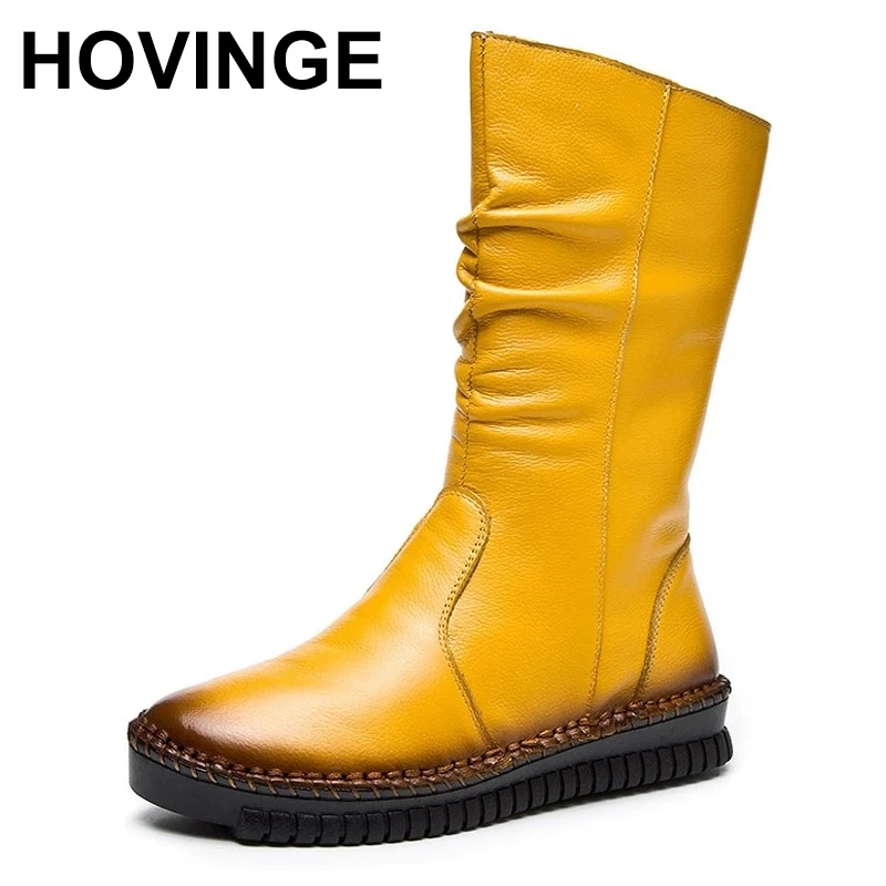 

HOVINGFashion Cow Leather Boots For Women High Quality Mid-Calf Boots Autumn Winter Women Boots Plus Size 43 Flat Shoes Woman
