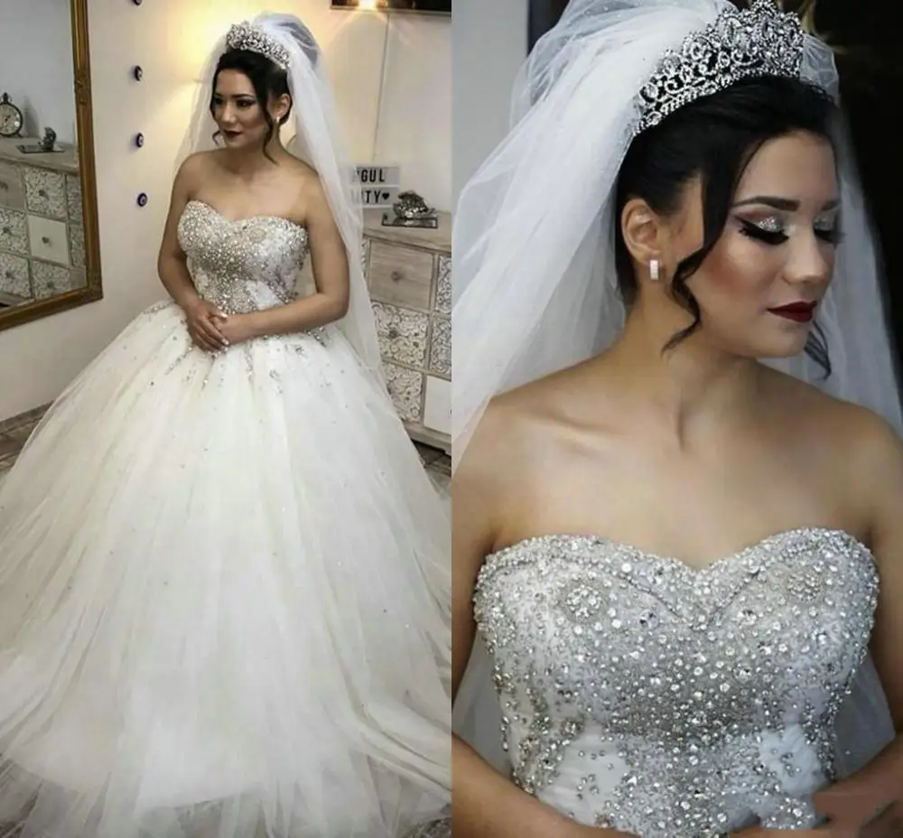 

Luxury 2021 Beaded Rhinestones Wedding Dress Ball Gown Sweetheart Crystals Tulle Plus Size Bridal Dresses Plus Size African