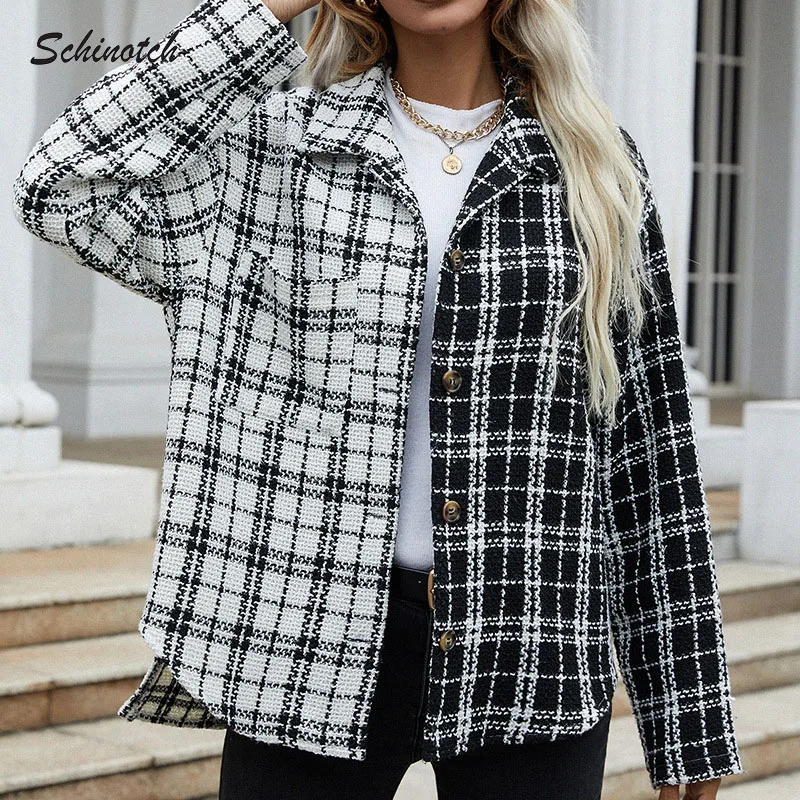 

Schinotch Women Casual Coat Plaid Single Breasted Button Down Long Sleeve Jacket Fashion Patchwork Color Outwear Female Clothes