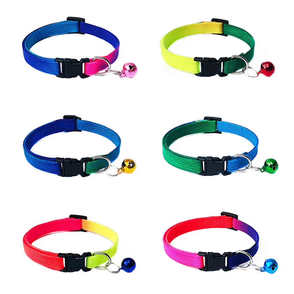

Adjustable Little Cat Collar Necklace Safety Buckle Neck Strap Belt For Kitten With Bell Rainbow Colorful Gradient Color