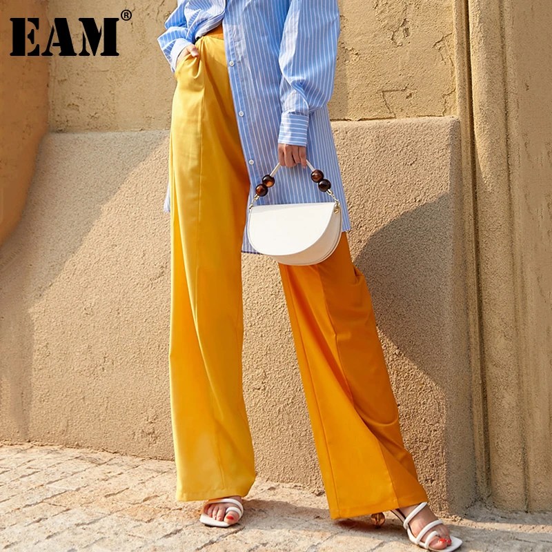 

[EAM] Высокая талия желтый контрастный цвет длинные широкие брюки новые свободные облегающие брюки женские модные брюки весна осень 2022 1DD8067