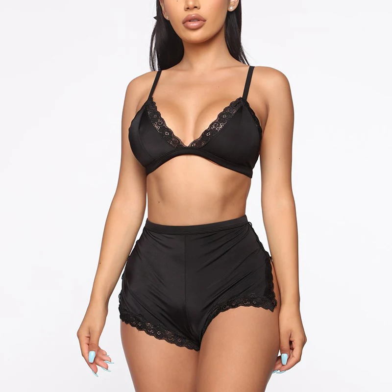

Women Lingerie Sexy Lace Bra Set Deep V-Neck Crop Tops High Waist Split Shorts Set Babydoll Nightwear Sleepwear Underwear Suit