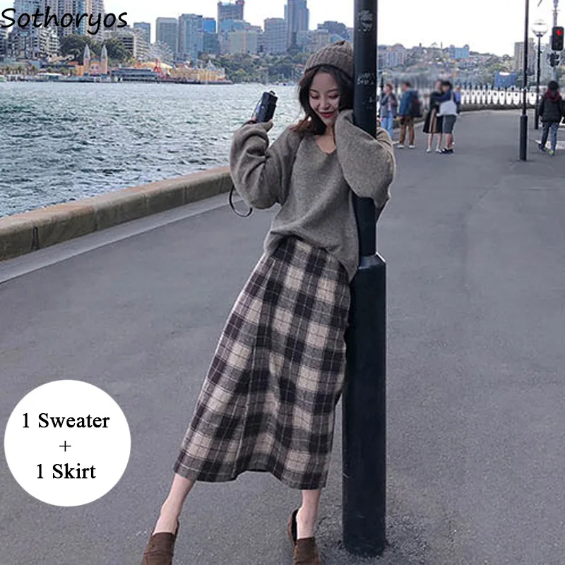 Женские комплекты Осенняя однотонная универсальная свободная вязаная одежда в