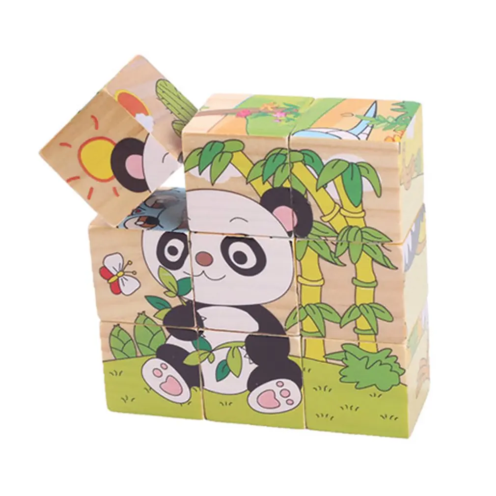 Panda 9 шт./лот 3D Детские деревянные блоки игрушки животные Пасьянс домино детские развивающие игрушки мультфильм печати деревянные кубики игрушки Brinquedos - Цвет: Panda