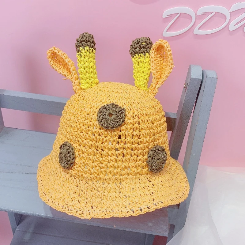 

Summer Kids caps with Ears for Baby Fisherman Cap Straw Woven Caps Antlers Hats for Baby Girl Cute Summer Beach Bucket Visor