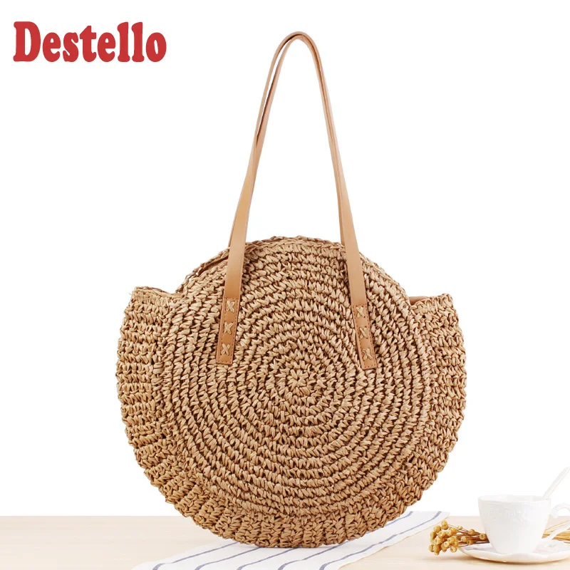 

New Summer Round Straw Bags for Women Rattan Shoulder Bag Handmade Woven Beach Handbags Female Message Handbag Totes Bag