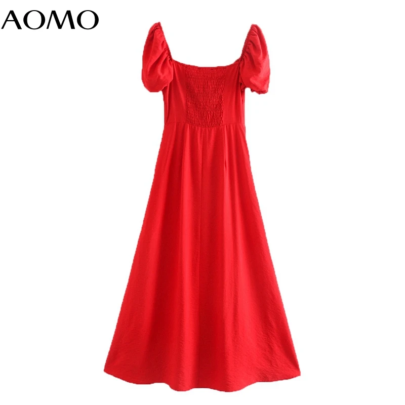 

AOMO 2020 fashion women solid red cotton dress short sleeve strethy ladies elegant midi dress vestidos 3H593A