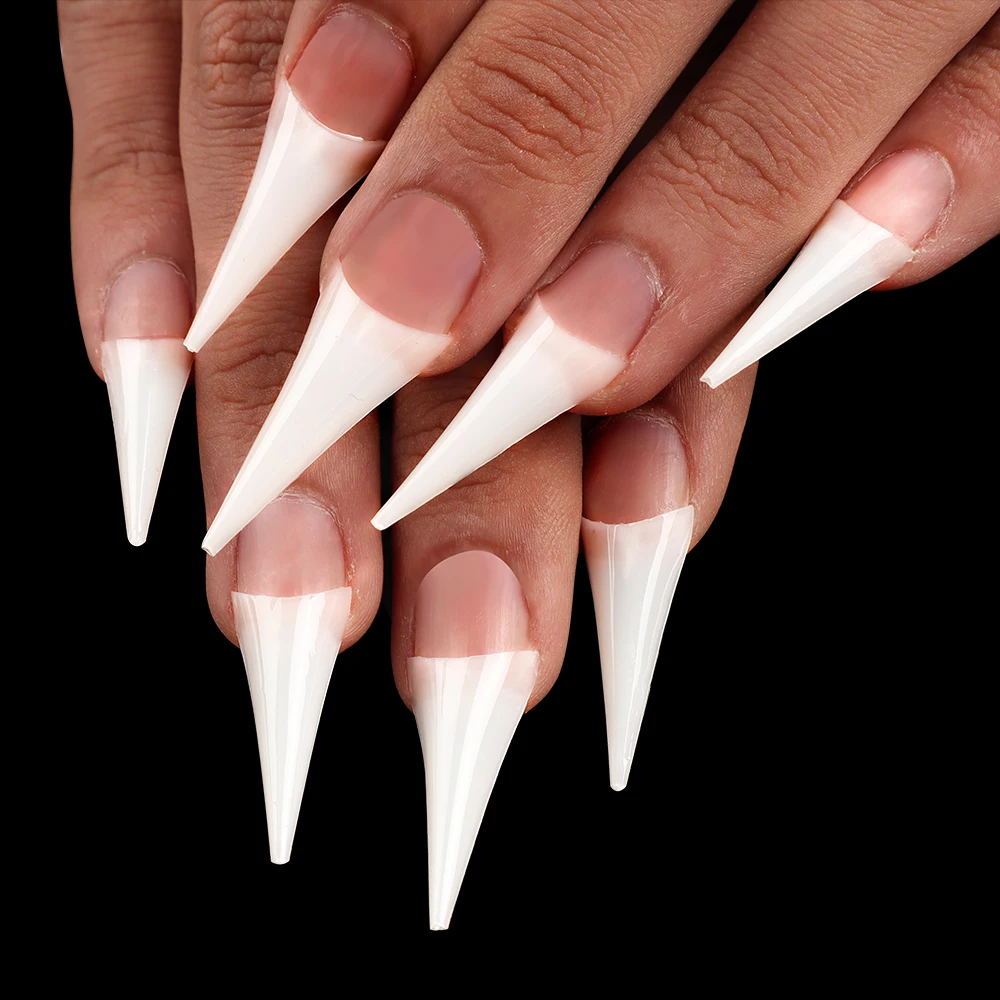 Fingerqueen 500Pcs Transparent/White/Natural Long Stiletto Pointy Artificial Fake Half Cover False Hand French Nails Tips FQ936