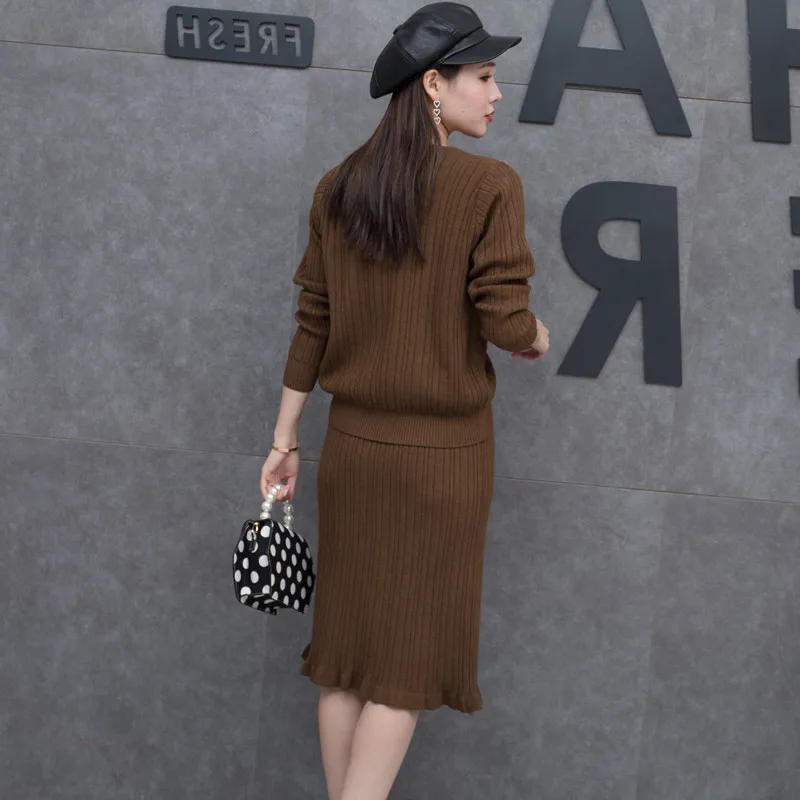 LXMSTH Женский вязаный костюм с юбкой осенне-зимний комплект со шнуровкой