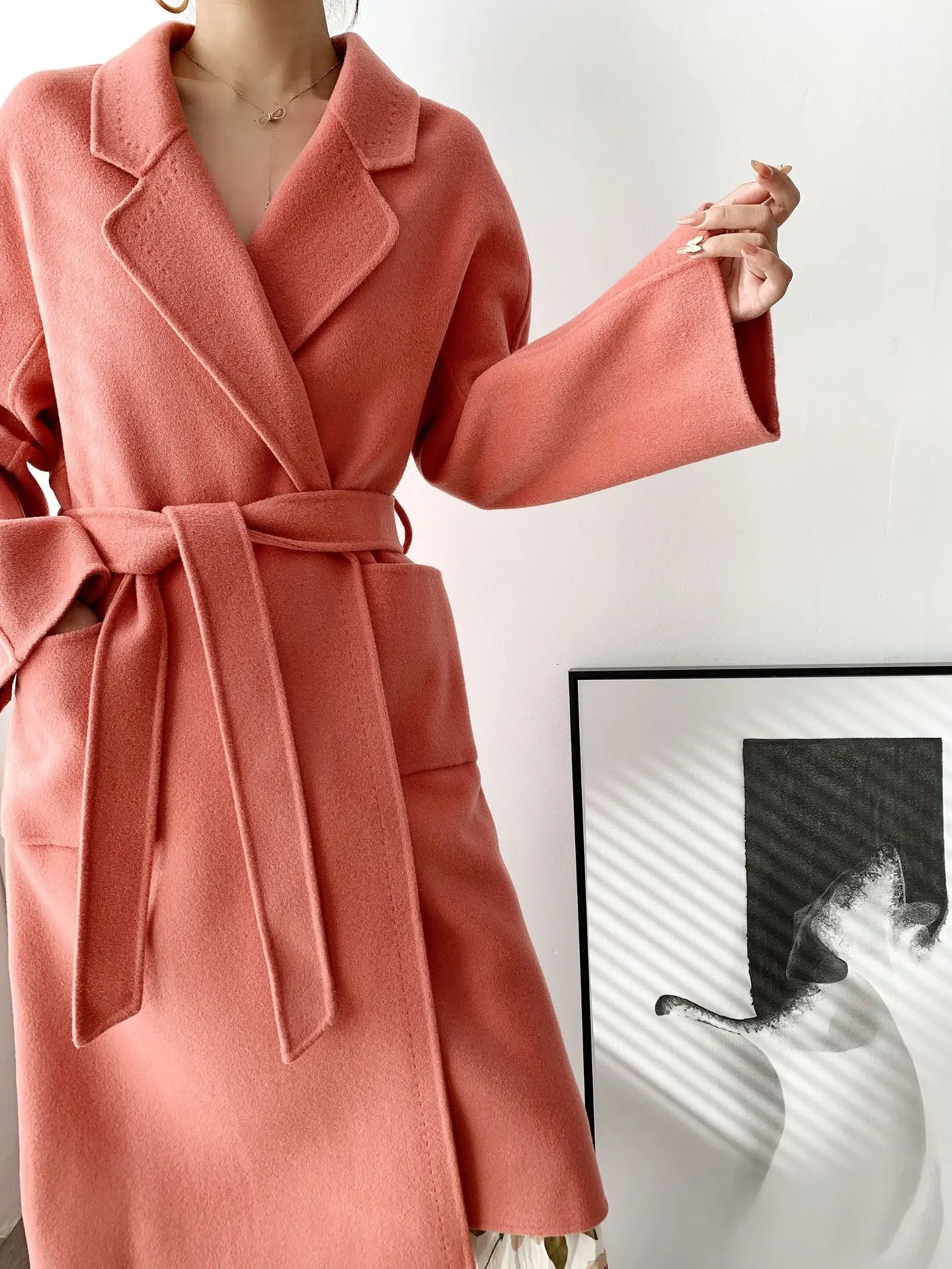 2020 Korean new double-sided woolen coat women's cedar powder solid cashmere | Женская одежда