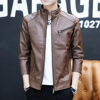 New Spring and Autumn Zipper-Pockets Jacket 2020 Men's Korean Version Slim-fitting Stand-up PU Leather Jacket