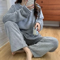 women pajamas set winter warm flannel pajamas homewear sweatshirt hoodies thick female sleepwear plush pyjamas suit solid color