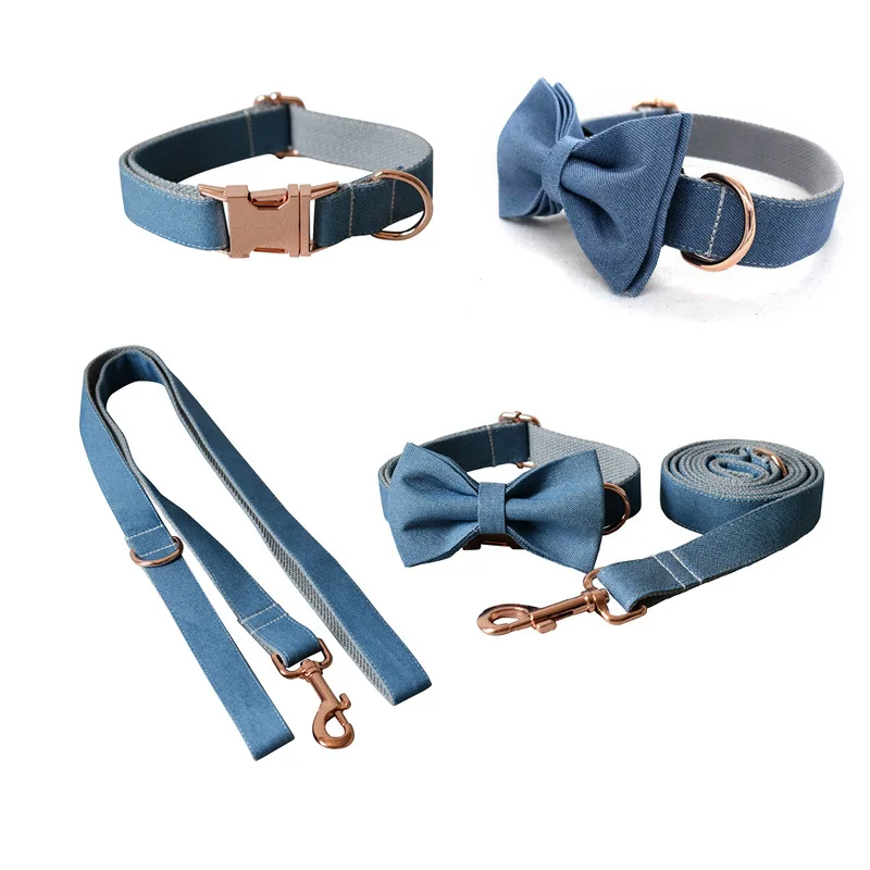 

Grey denim pet collar Dog Leash Set metal buckle can be laser engraved hair