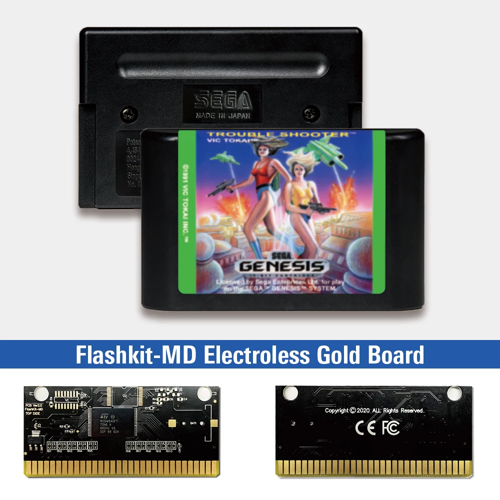 

Trouble Shooter - USA Label Flashkit MD Electroless Gold PCB Card for Sega Genesis Megadrive Video Game Console