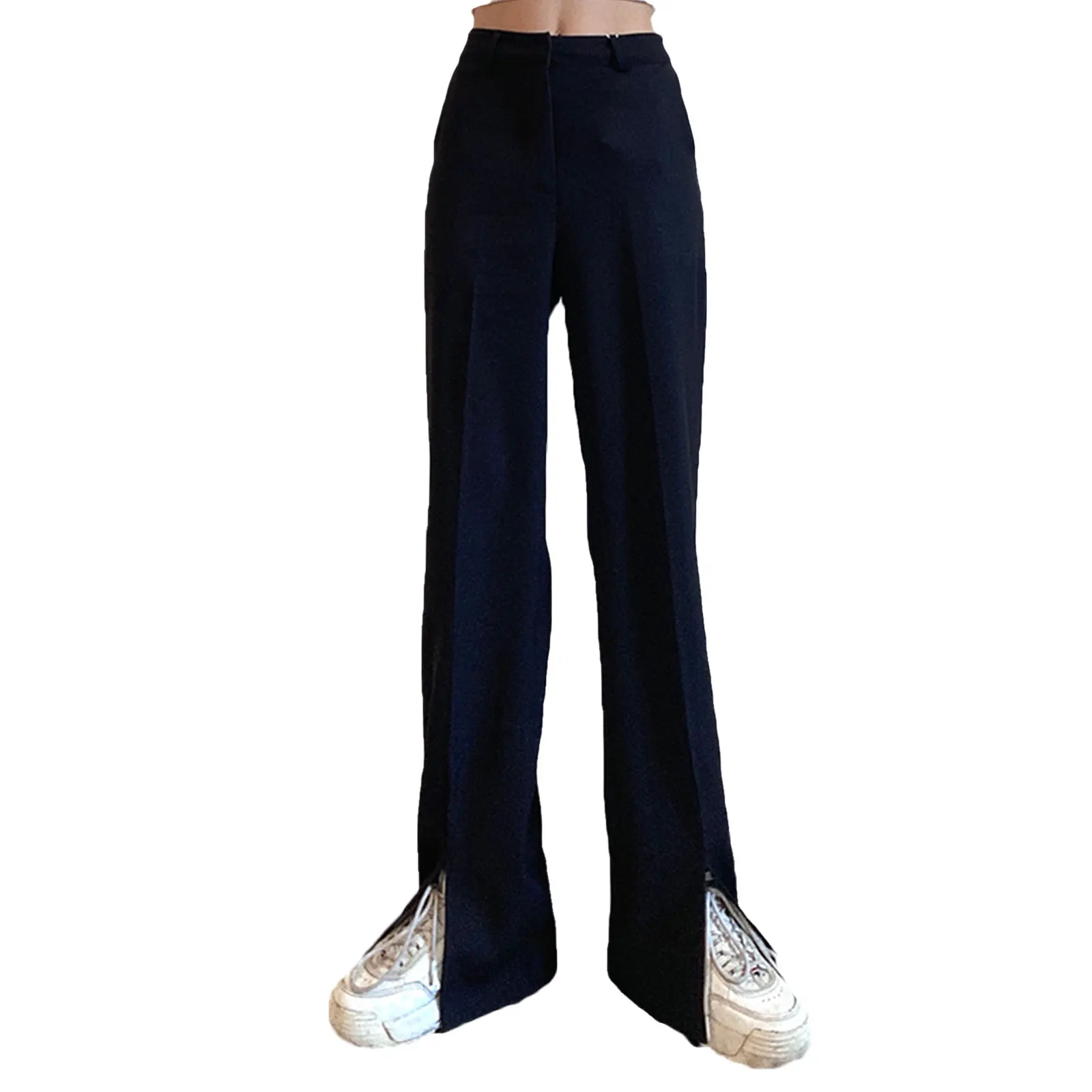 

2021 Women Fashionl Casua Long Trousers, Black Solid Color High Waist Straight-leg Pants, S/ M/ L