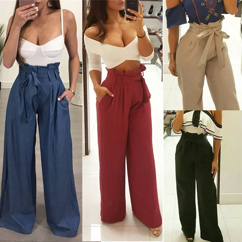 

Womens Tunic Wide Leg Elastic Waist Pants Loose Casual Long Pant Vintage Pleated Office Trousers Hot Flare Pantalon