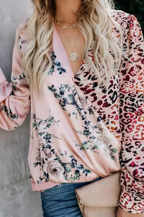 Новинка Леопардовый принт контрастный v образный вырез длинный рукав блузка