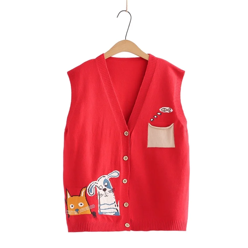 

Однобортный женский свитер, жилет, вязаный пуловер с мультяшным котом и вышивкой, зима 2021, теплое пальто с V-образным вырезом, женские милые Д...