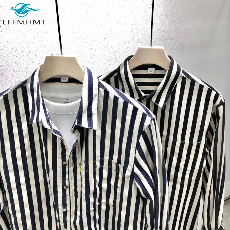 

Men Spring Fall New Fashion Japan Style Striped Long Sleeve Lapel Shirts Male Casual Loose Simple Classical Wild Slim Fit Tops