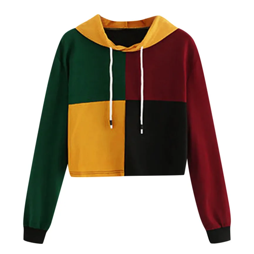 Свободные женские короткие худи Женская мода Сращивание и окраска Толстовка