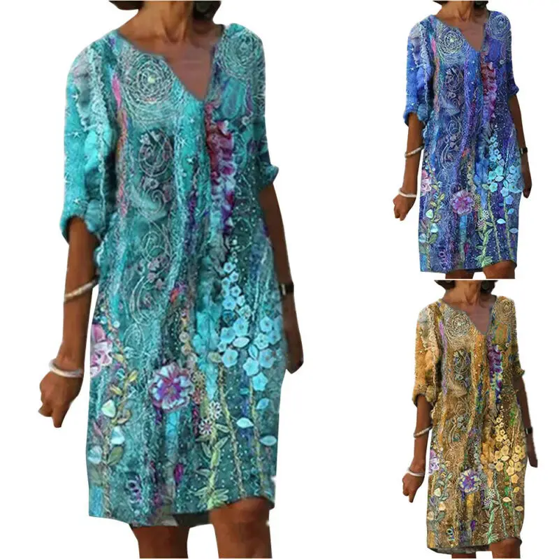 

Women Ladies Floral Loose Midi Dress Summer V-Neck Kaftan Holiday Beach Sundress
