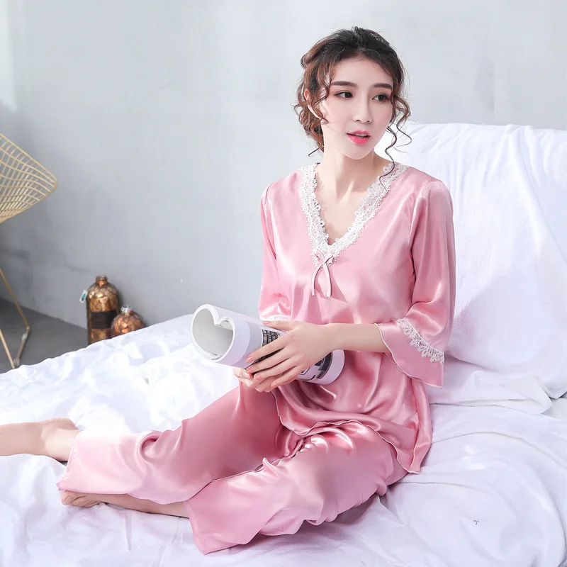 2021 New Women's Pajamas Lace Thin Home Clothes Ice Snow Silk Sexy Sleepwear 2Pcs Set Medium Sleeve Casual Nightwear Nightgown