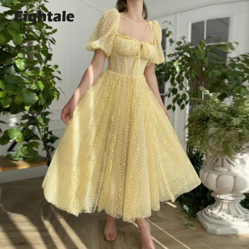

Eightale Yellow Prom Dress 2021 Embroidered Dandelions Boning Short Puffy SleevesTea-length Side Pockets Evening Party Gown