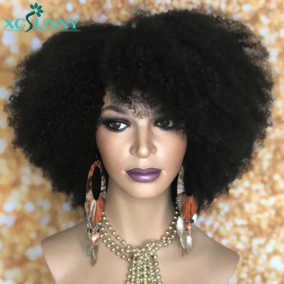 Афро кудрявый вьющийся парик парики из человеческих волос с челкой 200 плотность