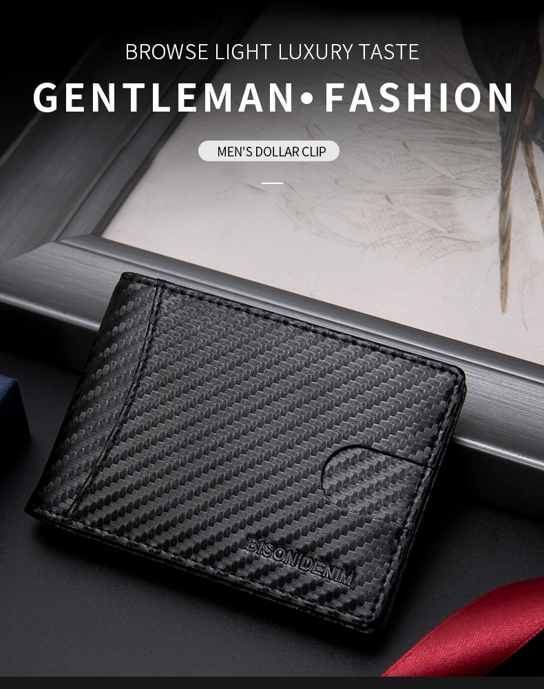 Мужской тонкий кошелек BISON DENIM двойной зажим для денег из углеродного волокна с