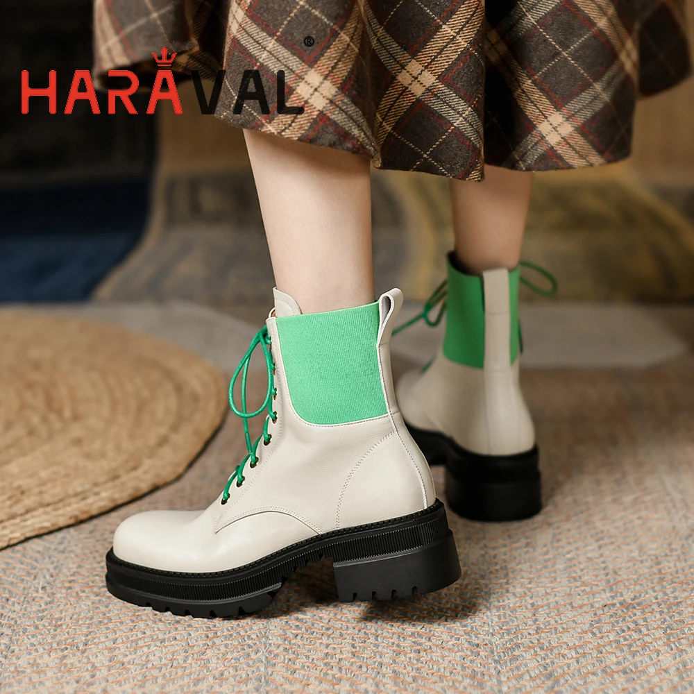Murah HARAVAL Sepatu Bot Modern Pergelangan Kaki Wanita Musim Semi/Musim Gugur Kulit Asli Eelignt Tebal Bawah Hitam Putih Ikatan Silang Warna Campuran E515L