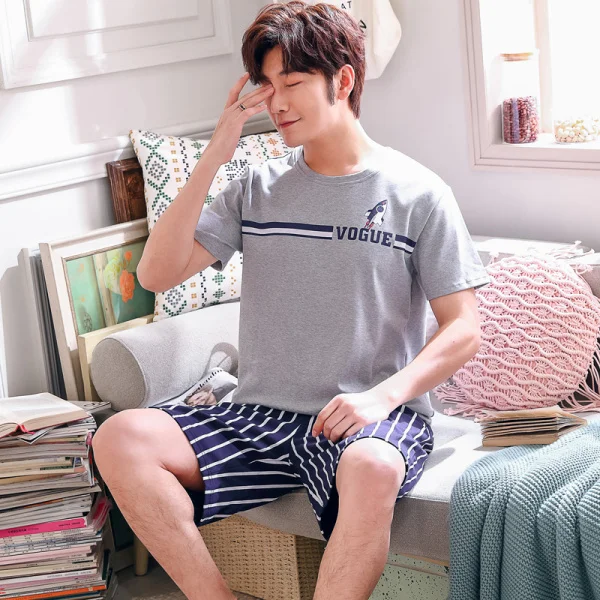 

Homewear Size XXXXL Summer Knitted Cotton Short Sleeved Men's Pajamas Sets Male Pajama Set Letter Pajama for Men Sleepwear Suit