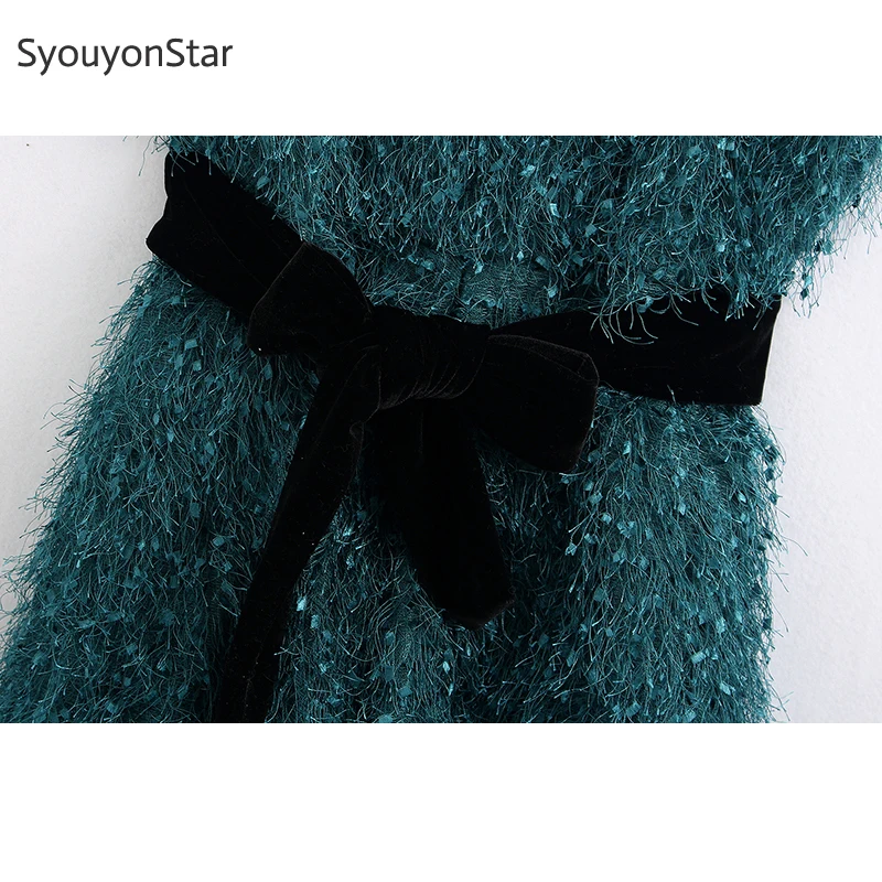SyouyonStar женский синий комбинезон на завязках без рукавов с меховой кисточкой