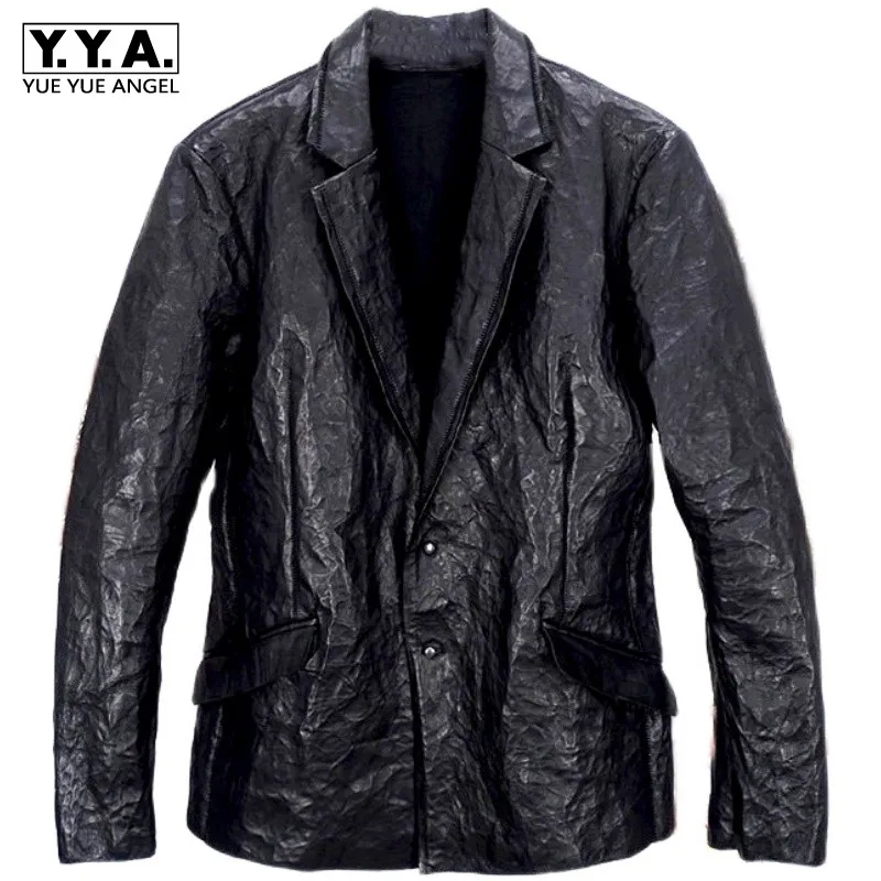 

Luxury Brand Men Genuine Leather Jacket Lapel Single-Breasted Pleated Vintage Design Black Spring Autumn Cowhide Fit Outerwear