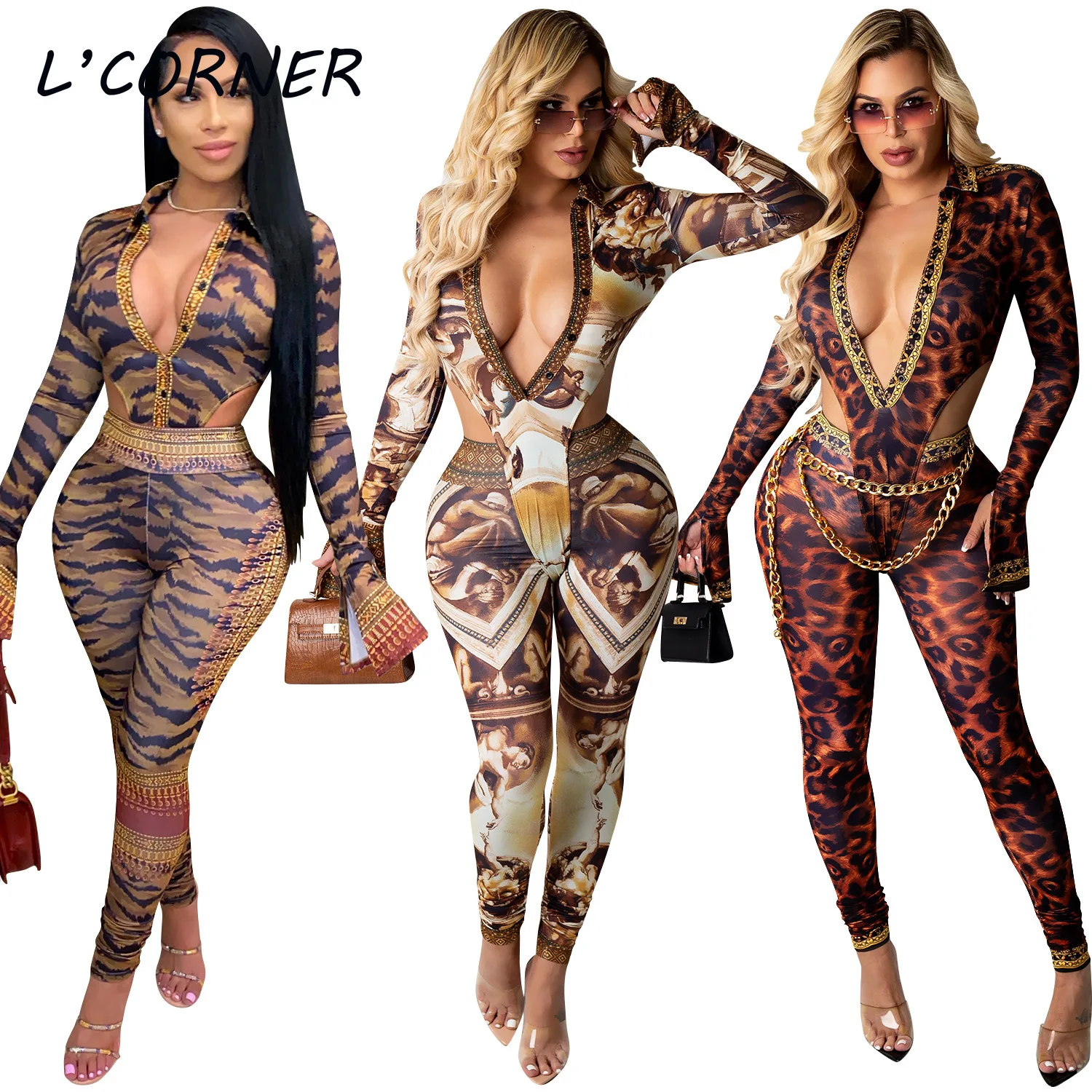 Костюм женский из двух предметов с принтом пикантный боди длинным рукавом и