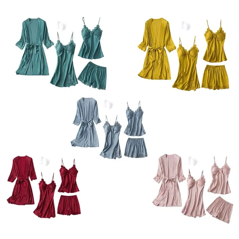 

2021 Women Silky 4Pcs Pajamas Sexy Cami Top Shorts Nightgown Robe Set Lace Embroidery Solid Lingerie Sleepwear with Chest Pad
