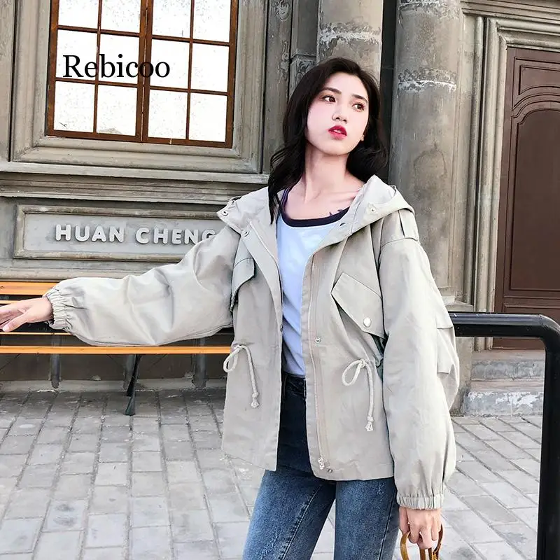 

New Loose Trench Coat Spring Autumn Women's Hooded Black Green Windbreaker Outerwear Female Casual Trench Coat