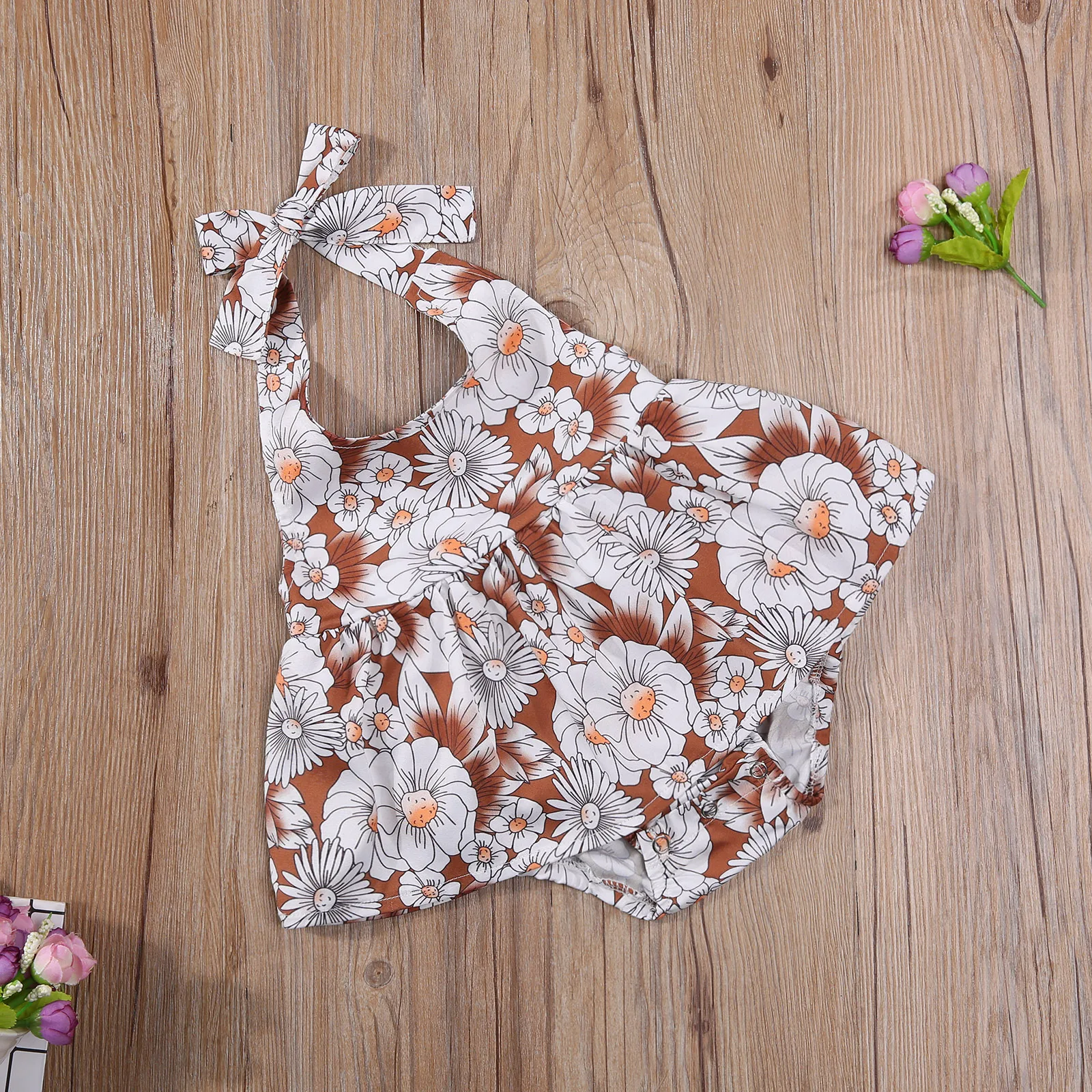 

Newborn Baby Girls Casual Romper White Floral Printed Pattern Sleeveless U-shaped Collar One-piece Baby Sunsuit