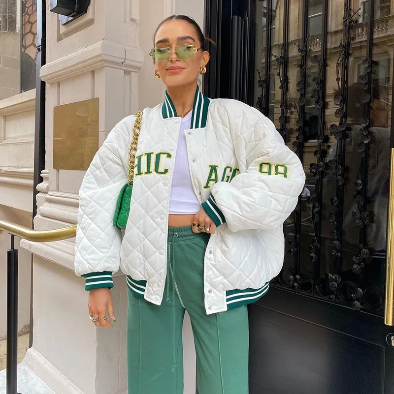 

Winter 2021 New Bomber Jacket Coat Women Casual Letter Print Baseball Parkas Coat Clothing Cotton Jackets Female Fashion Kpop