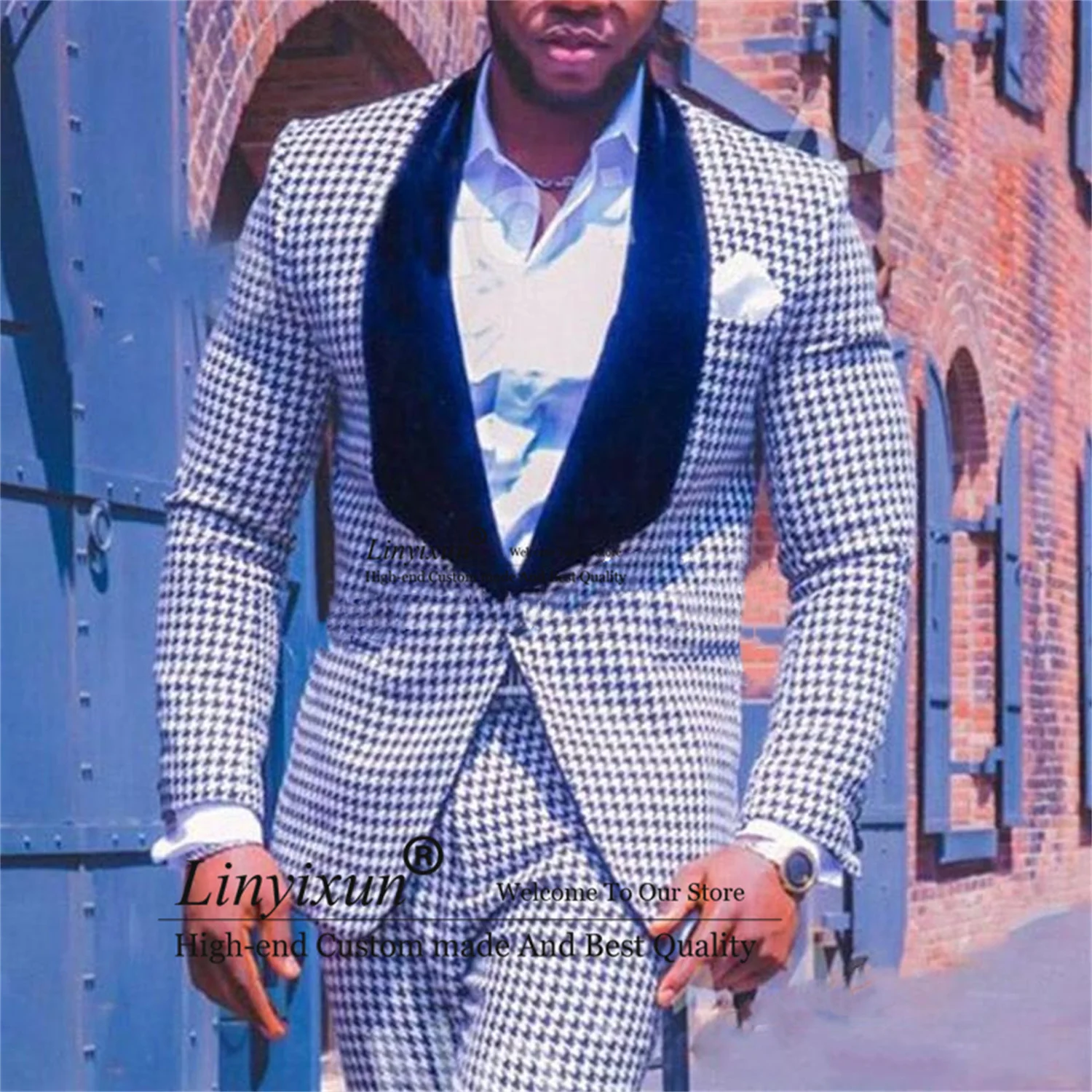 

Houndstooth Plaid Groom Wedding Tuxedos Shawl Lapel Groomsmen Blazers 2 Pieces Jacket Pants Set Wool Best Suit Men Costume Homme