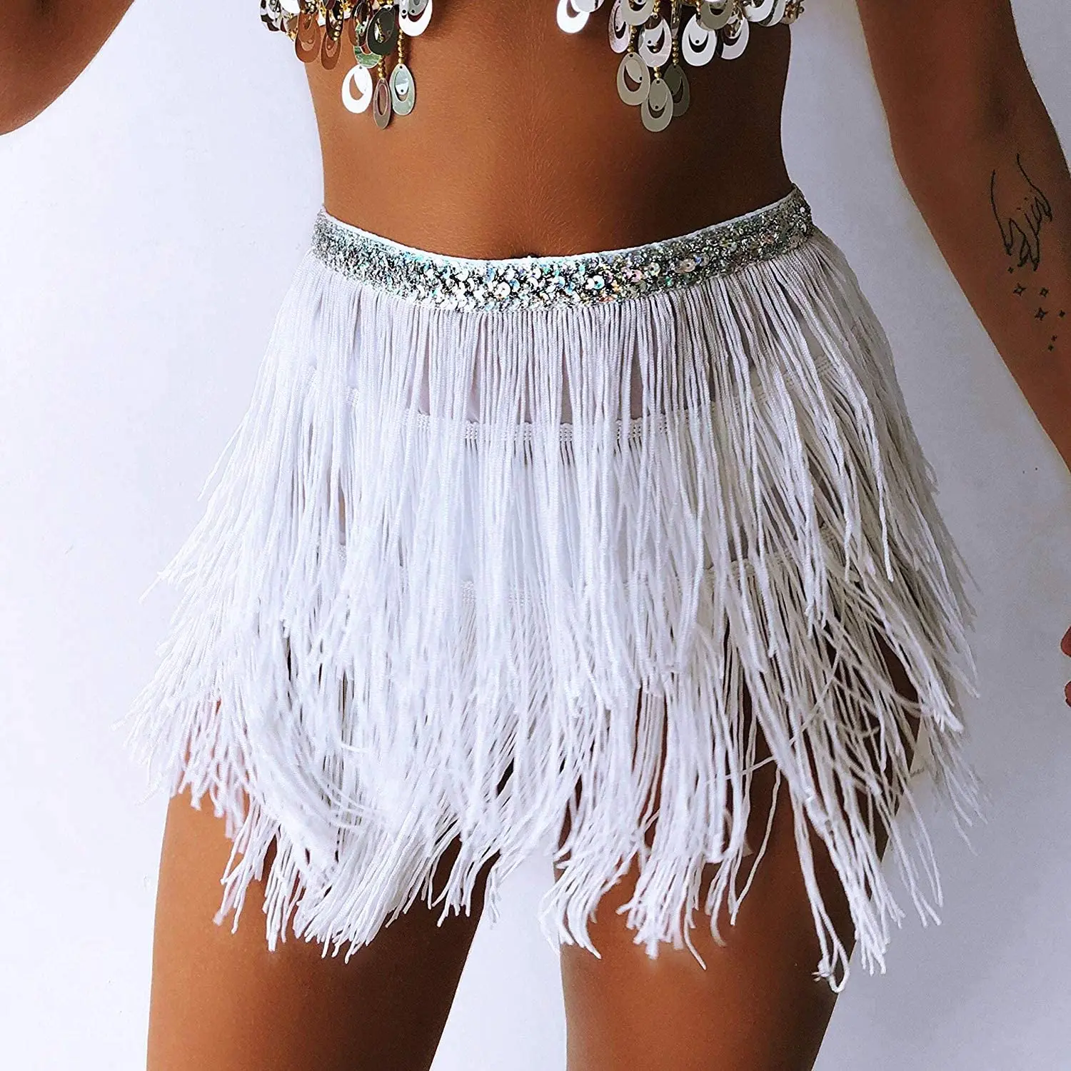 Women Sequin Tassel Tutu Skirt Rave Fringe Belly Dance Hip Scarf Wrap Skirt Club Mini Skirt Sexy Club party Clothing