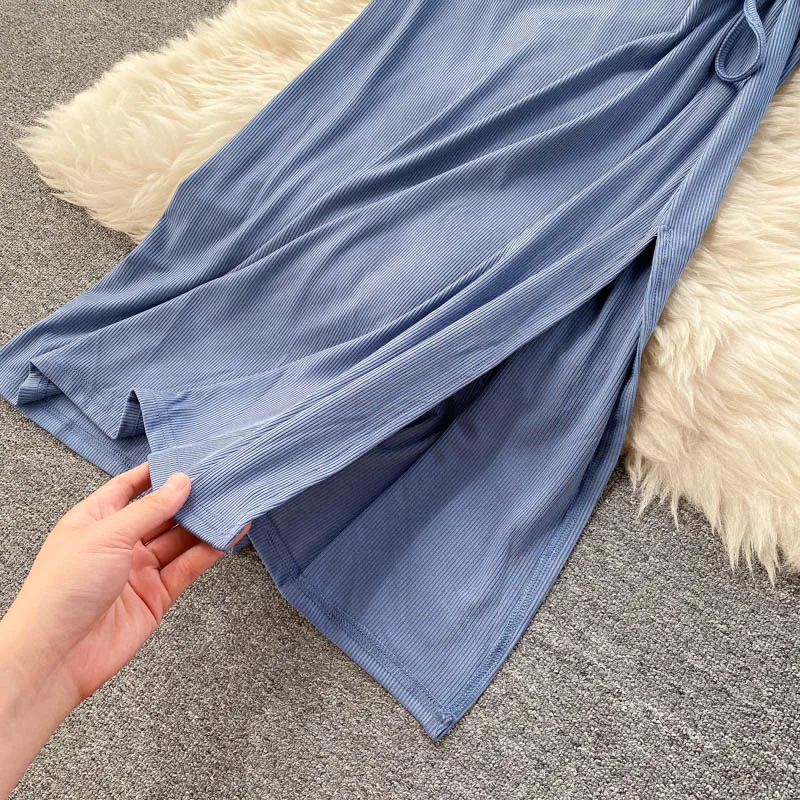 

Drawstring Ruched Women Dress Summer Slim Short Sleeve V Neck Sexy Split Party Dress Korean Solid Streetwear Midi Dress