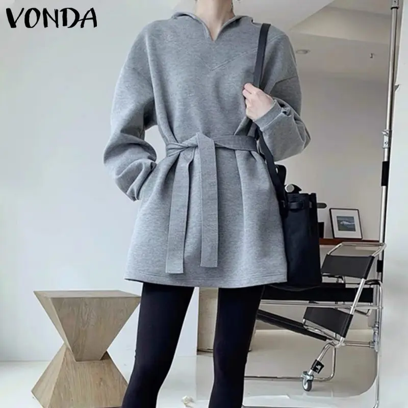 

Women Casual Hoodies Sweatshirts 2022 VONDA Casual Hooded Solid Color Long Sleeve Blouse With Belt Femininas Blusas