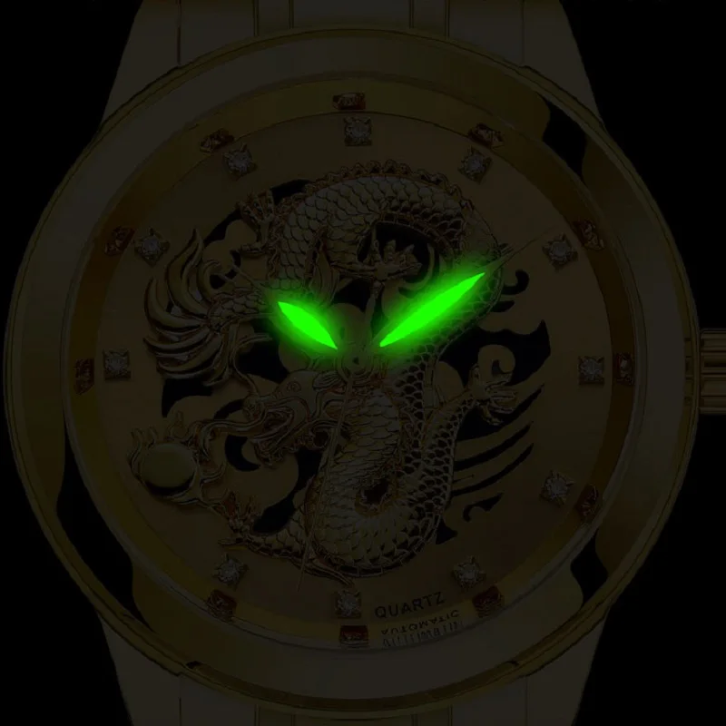 Luxury Men's Watch Mechanical Waterproof 3D Dragon Pattern Boutique Gold Diamond Male Business Quartz Clock relogio masculino | Наручные