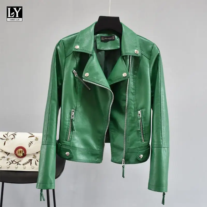 

LY VAREY LIN Spring Autumn Women Biker Jacket Pu Faux Soft Leather Motorcycle Zipper Jacket Streetwear Multicolor Female Coats