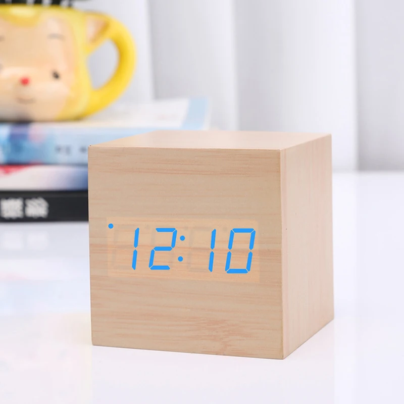EAAGD будильник маленькие деревянные кубики Часы светодиодный немой прикроватный