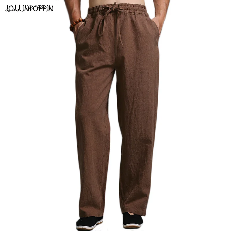 Solid Color Men Linen Pants Elastic Waist Comfortable Casual Cotton & Linen Trousers Mens Flax Pantalones