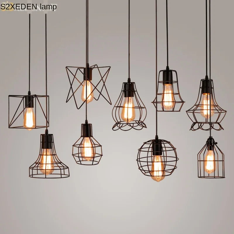 

Retro industrial geometric black LED iron pendant lights indoor lighting corridor restaurant bedromm bedside coffer hanging lamp
