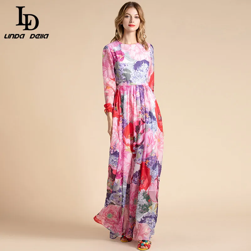 Женское длинное платье LD LINDA DELLA летнее Шифоновое Платье макси с длинным рукавом и